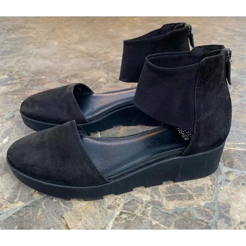 Eileen Fisher Mesh Nubuck Leather Wedge Womens SZ 6.5 Black Sandals